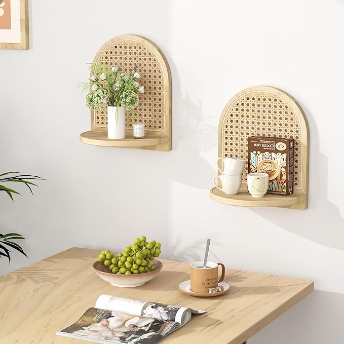 Arched Rattan Wall Shelf - Boho Rattan Floating Shelf with Grooved Edge, Unique Small Display Shelves, Natural Pine Wood Wall Decor for Bedroom, Living Room, Nursery Room, Set of 2, Natural