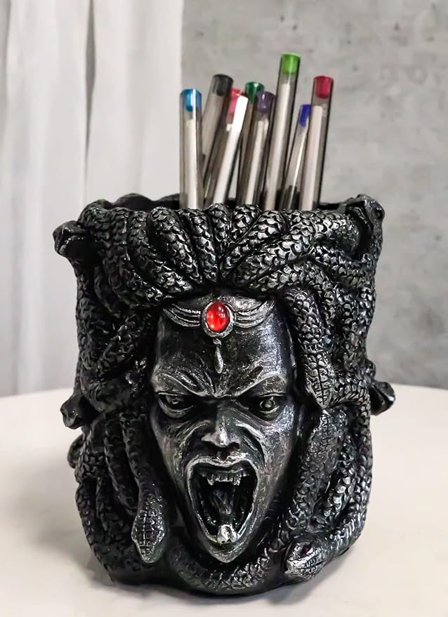 Ebros Gift Greek Mythology Gothic Gorgon Sisters Goddess Medusa With Wild Snakes Hair And Red Bloodshot Gem Head Ornament Decorative Stationery Pen Pencil Make Up Tools Organizer Holder