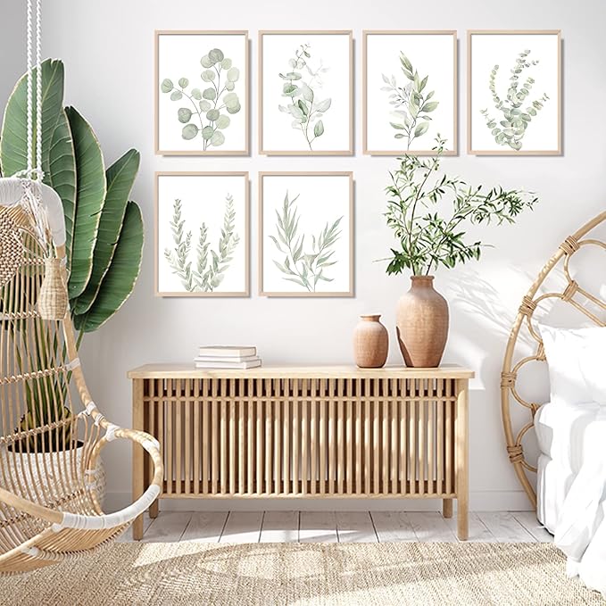 Botanical Plant Wall Art Boho Decor Prints Light Green Eucalyptus Leaf Picture Canvas Wall Art Minimalist Floral Wall Decor for Bedroom Living Room Bathroom Kitchen (Set of 6, 12x16 inch, Unframed)