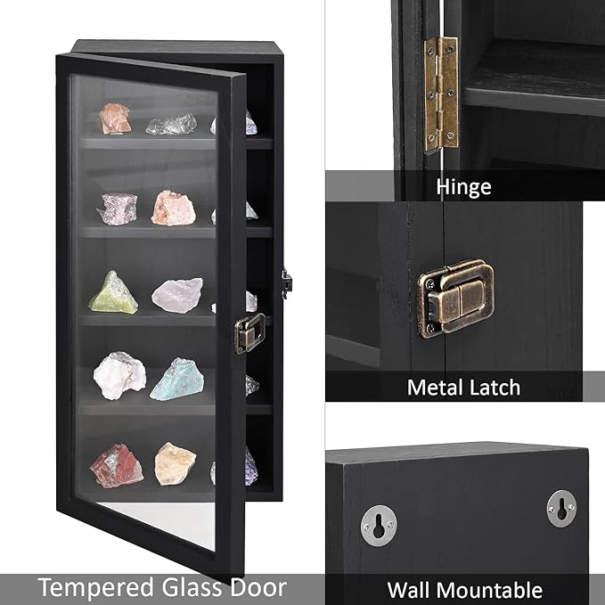 Ikee Design Wall Mounted Wooden Collectible Display Case 5 Shelf Display Storage Accessories with Tempered Glass Door, Black Color