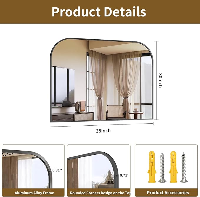 Black Arched Top Wall Mounted Mirror - 38 x 30 Inch Round Cruved Top Bathroom Vanity Mirror, Aluminum Metal Framed, Home Decor for Living Room, Bedroom, Fireplace, Mantle, Entryway
