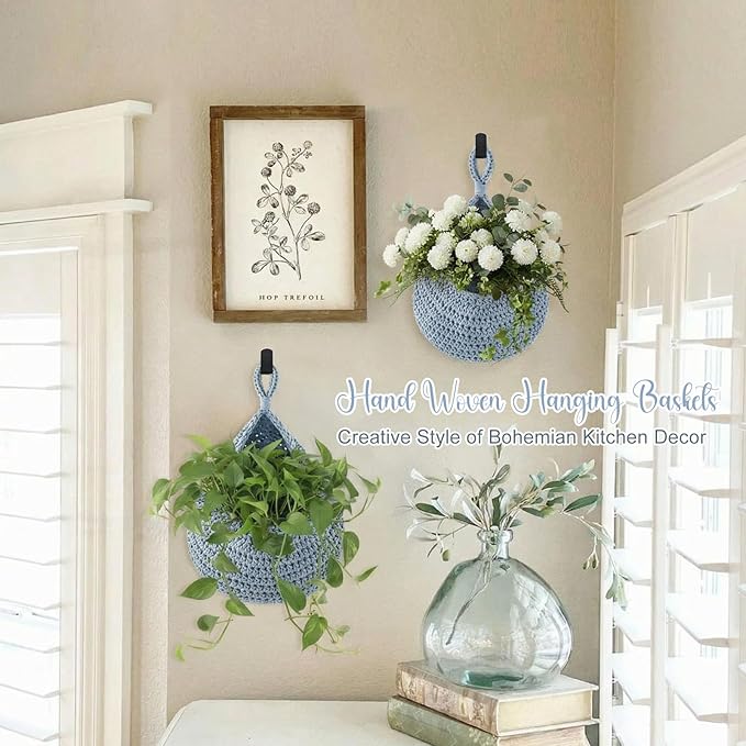 Honeydak Boho Decor Hanging Wall Baskets for Kitchen 3 Pack Teardrop Baskets with Hooks Storage Fruit Onion Vegetable Potato for Home 3 Sizes(Light Blue,Teardrop,Cotton Rope)