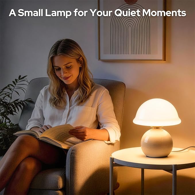 Mushroom Table Lamp for Bedroom, Cozy Bedside Lamp with Glass Shade, Stepless Dimmable Nightstand Lamp for Relaxing Bedroom Decor & Aesthetic Home (White)
