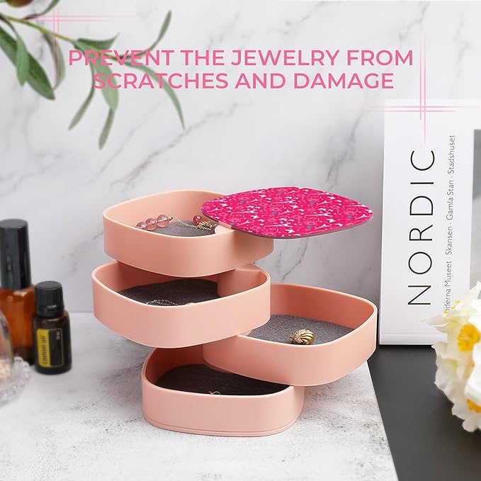 4-Layer Rotating Jewelry Storage Tray Paris Eiffel Tower Butterfly Pink Necklace Ring Earring Organizer Box with Mirror for Bracelets Ring