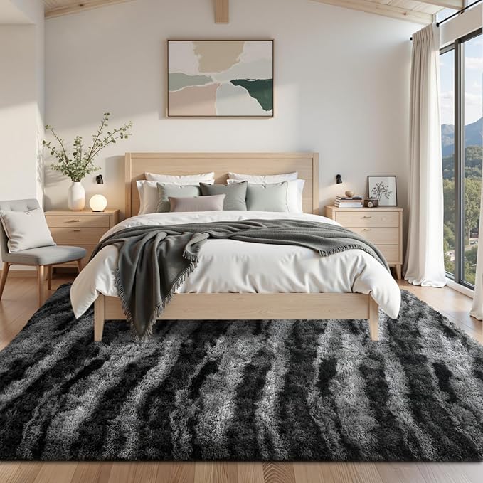 Area Rugs for Living Room 8x10 Feet, Soft Fluffy Shagg Plush Bedroom Rug Non-Slip,Large Carpet for Nursery Kids Dorm Home Decor Zebra Black