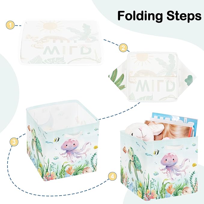 11.8" Marine Animals Cube Storage Organizer Set 3Pcs Ocean Sharks Turtles Cube Storage Bin for Bathroom/Bedroom Kid Book Toy Chest, Jellyfish