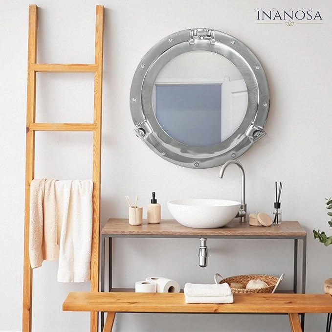 17 Inch Vintage Ship Porthole Mirror - Antique Nickel Silver White Finish Round Wall Mounted Mirror for Bathroom, Nautical, Coastal and Maritime Home Decor