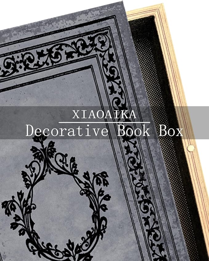 Decorative Wooden Book Box - Vintage Faux Book Boxes for Home Decor, Secret Storage with Magnetic Closure, Antique Style, Grey Leather Cover Design, Perfect for Home Office Bookshelf 10x7x1.6 Inches