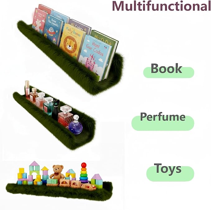 1PC Plush Bookshelf for Kids, Soft Hanging Book Display Shelf for Nursery Wall, Easy Mount Floating Bookshelf Display Organizer, Unique (Green)