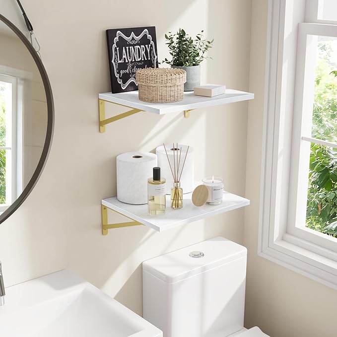 Fixwal Floating Shelves for Wall, 12 Inch Deep White Shelves for Bedroom, Large Wall Shelf for Living Room, Kitchen, Bathroom, Laundry Room and Decor Storage (Set of 2)