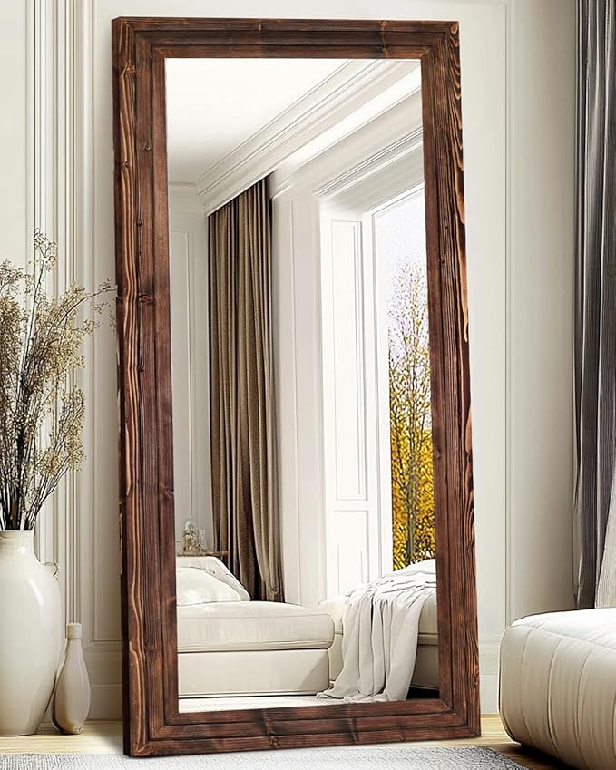 Full Length Mirror 76"x34" Solid Wood Frame Floor Large Mirror for Living Room, Bedroom Hanging or Leaning Wall-Mounted, Brown