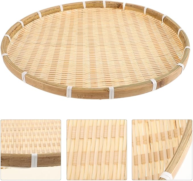Alipis Bamboo Round Tray 16.53 Inch Woven Food Container Basket Shallow No Hole Tray for Kitchen Storage Serving and Decorative Use