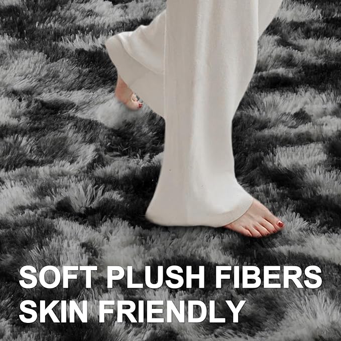 8x10 Ft Extra Large Shag Rugs for Living Room, Tie Dyed Ultra Soft Fluffy Furry Area Rugs for Bedroom Indoor Floor, Aesthetic Carpet for Kids Home Decor (Black Grey)