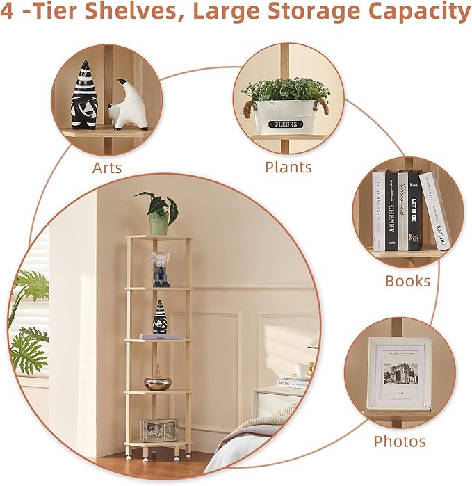 YUFAM 5-Tier Corner Shelf with Sturdy 5-Leg Base, 52in Tall Narrow Bookcase for Small Spaces, Wooden Plant Display Shelf, Thin Bookshelf for Living Room, Bedroom, Office, Natural