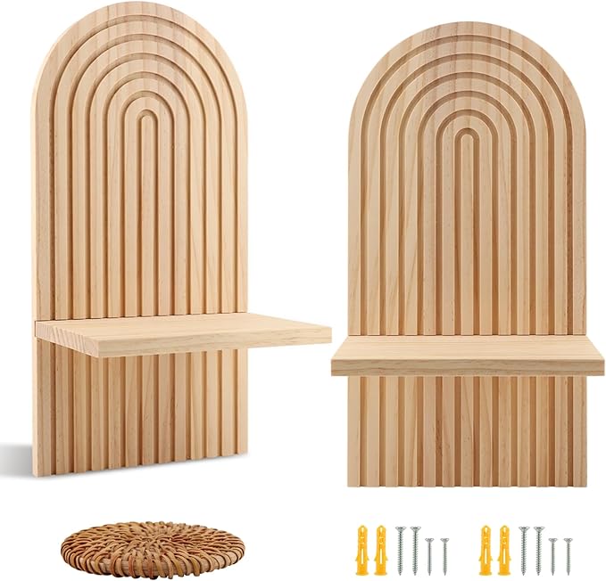 Boho Shelf Wall Decor Set of 2, Modern Arched Wooden Hanging Shelves Rainbow Wall Candle Holder Wood Bohemian Floating Shelves for Bathroom Nursery Bedroom(Color:Wood)