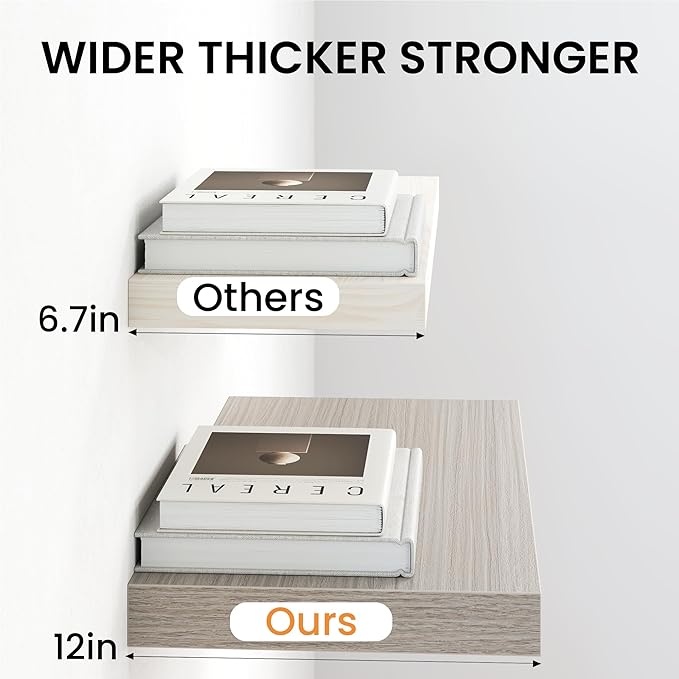 Fun Memories 66 Inch Floating Shelves, 12 Inch Deep Wall Shelf for Fireplace Mantel, Gray Deep Storage Shelves for Home & Office, Long Floating Shelf with Invisible Bracket, Set of 2