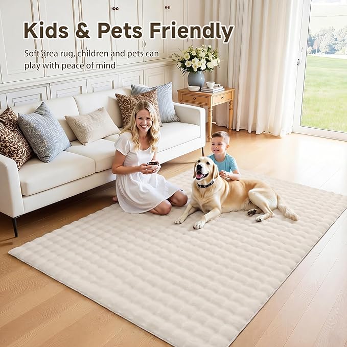 Pauwer Area Rugs for Living Room, 6x9 Fluffy Faux Fur Rug Non Slip Machine Washable Soft Shaggy Indoor Floor Carpet for Bedroom Dorms Playroom, Cream