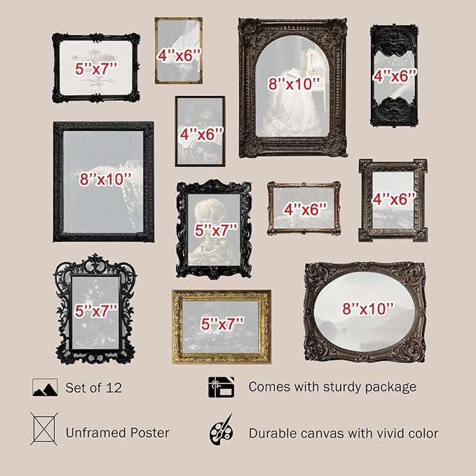 KBKBART Set of 12 Dark Academia Wall Art, Gothic Home Decor, Moody Wall Prints, Witchy Gallery, Halloween Decor for Dorm & Bathroom - UNFRAMED