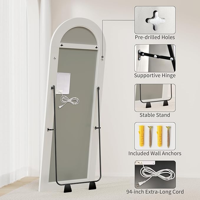 Koonmi LED Arched Full Length Mirror, 63"x20" Full Length Mirror with Lights, Lighted Floor Mirrors with Stand, Full Body Mirrors with Dimming & 3 Color Lightingfor Living Room Cloakroom, White