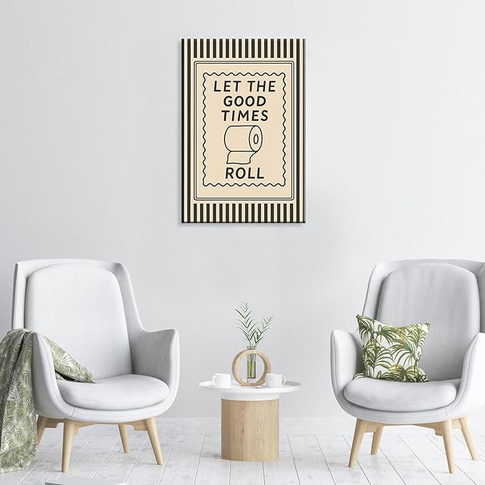 Trendy Let The Good Times Roll Wall Art Green Striped Funny Bathroom Quote Posters Modern Minimalist Room Aesthetic Picture Painting For Bedroom Dorm Restroom Wall Decor 24x36in Unframed