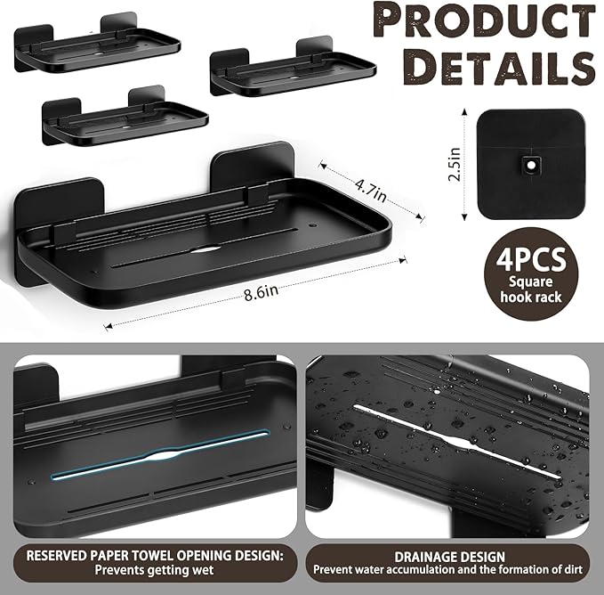 4 Pack Floating Shelves for Wall, Self Adhesive Small Shelf, No Drill Adhesive Wall Shelf, Floating Shelves Damage-Free Expand Walls Space for Living Room Kitchen Bathroom (Black)
