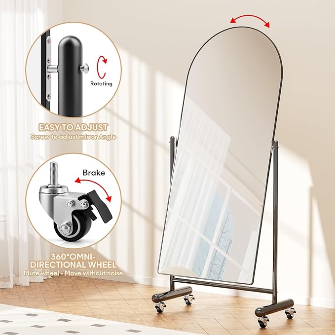 Large Arched Full Length Mirror on Wheels, Rolling Tilting Swivel Floor Mirror 65" x 23.6" with Tempered Glass and Metal Frame, Modern Dressing Mirror Body Mirror, Home Decor, Black