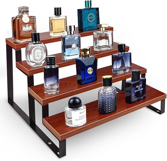 Wood Cologne Organizer for Men (Walnut Color),4 Tier Perfume Stand for Dresser Waterproof Cologne Stand with Anti-Slip pads for Party,Makeup,Figures,Cupcake,Perfume,Display Risers Stand Organizer