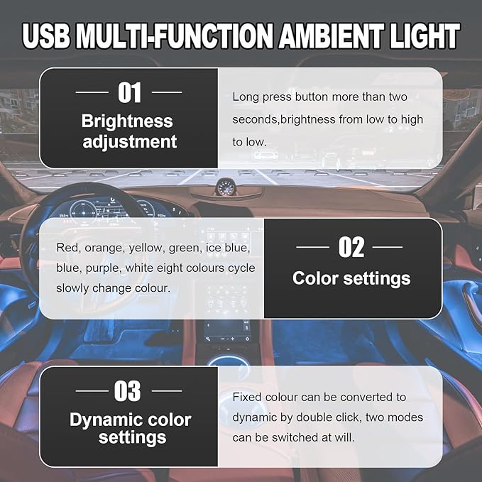 DXNQ USB Type C LED Ambient Light, 8 Colors RGB Dynamic Atmosphere Lamp Car Interior Decor USB Night Light, Adjustable Bright Plug-in Mini Ambient Lighting Kit for Car Laptop