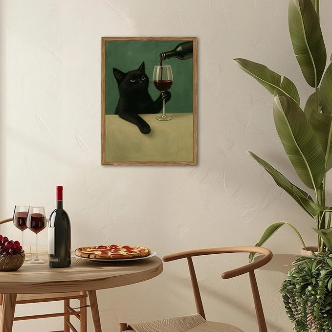 Funny Black Cat Wall Art Moody Black Cat with Wine Glass Wall Decor Whimsical Animal Bar Cart Poster Canvas Prints for Living Room Bedroom 16x24 inch Wood Framed