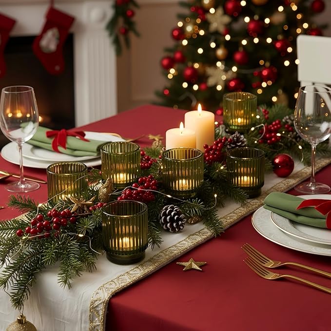 16 Pcs Large Green Votive Candle Holders, Tealight Ribbed Candle Holders Glass for Christmas Decorations, Green Glass Candle Holder, Vintage Boho Christmas Table Decorations,