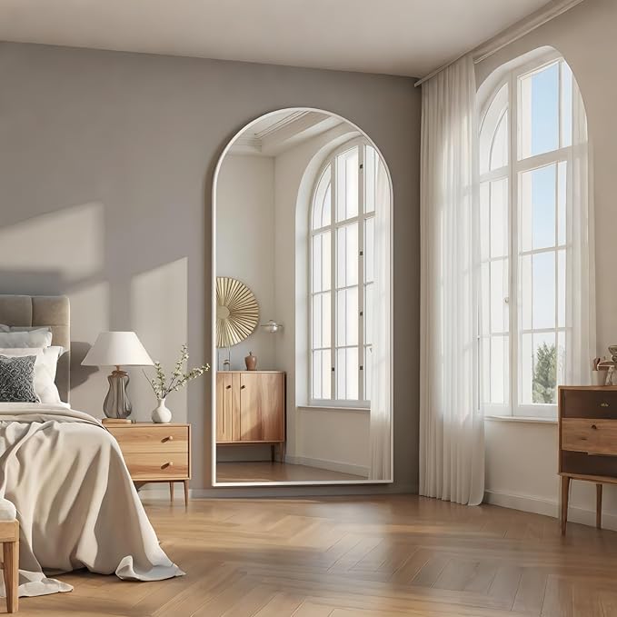 Prywot Arched Full Length Mirror, 76 "x 34" Floor Mirror Wall Mirrors Hanging or Leaning Arched-Top Full Body Mirrors with Stand for Bedroom, Dressing Room, White