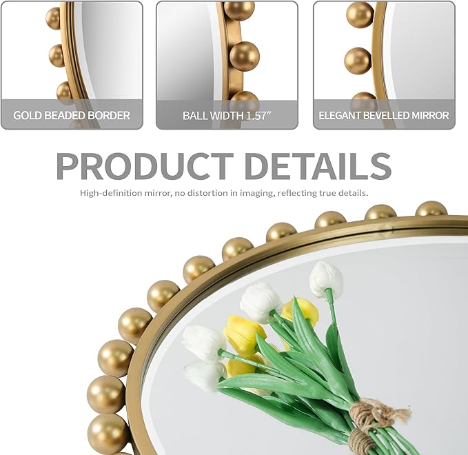 30 Inch Round Wall Mirror with Antique Gold Ball Frame, Beveled Decorative Round Accent Mirror, Vintage Gold Sunburst Style Mirror for Bedroom, Living Room, Entryway, Hallway & Wall Decor