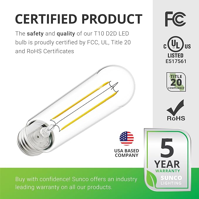 Sunco Lighting 6 Pack 5W=40W Dusk to Dawn Outdoor T10 Light Tubular LED Bulbs, CRI90 2700K Soft White E26 Base, 450 Lumens, Vintage Filament, Waterproof, Outdoor Decorative UL.