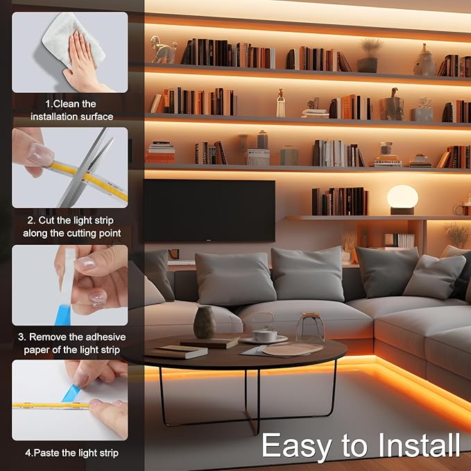 ZSLAIFU 24V COB LED Strip, LED Strip for Bedroom, Touch Dimmable LED Strips, Warm White LED Light Strip, COB Flexible Light for Bedroom Cabinet Vanity Mirror DIY Lighting