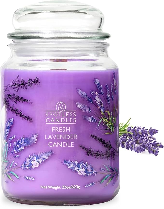 Spotless Leopard Fresh Lavender Candle 22oz Glass Jar with Wooden Wick in a Decorated Jar Within a Presentation Gift Box and Protective Shipping Box