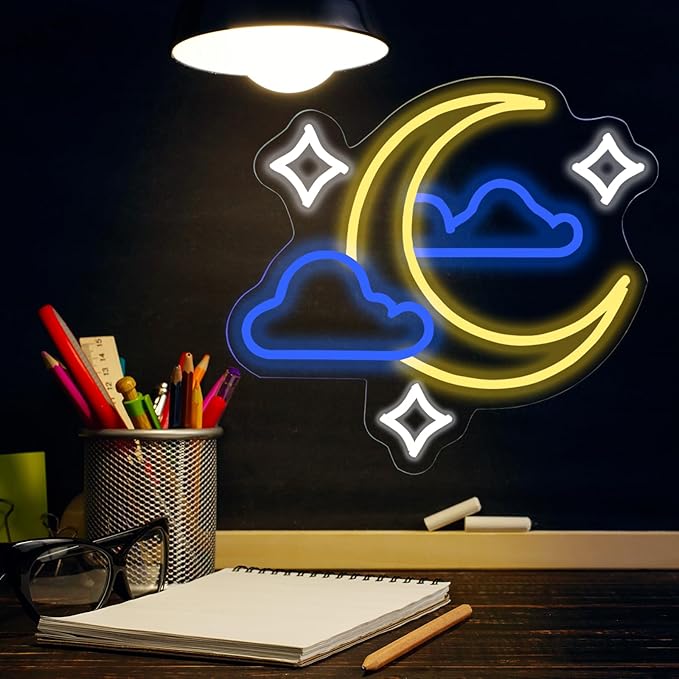 Moon Star Cloud Neon Sign - Moon Star Cloud LED Light for Kids, Teens, Baby Bedroom, Game Room Wall Decor - Dimmeable Premium USB Powered Neon Night Light with On/Off Switch - 14x13-Inch