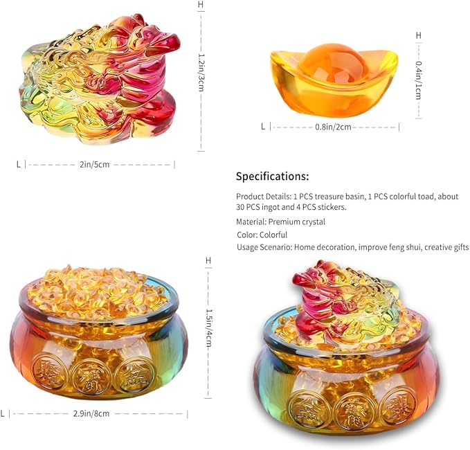 Feng Shui Treasure Basin Colorful Crystal Glass Lucky Money Toad and About 30 PCS Ingot Yuan Bao, Treasure Basin, Golden Toad Ideal Adornment for Attracting Wealth, Office Home Decor
