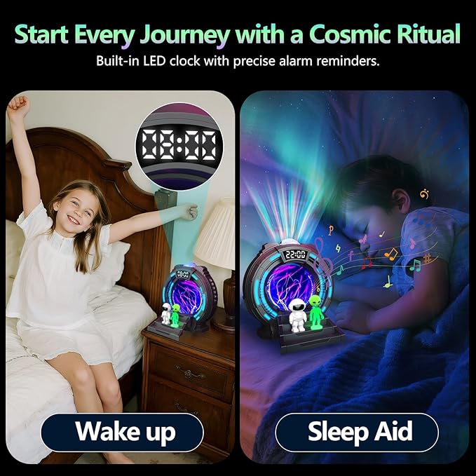 Galaxy Projector with Plasma Ball, 8 Aurora Lights, White Noise Machine, Bluetooth Speaker, Timer Alarm Clock, Remote Controlled Night Light for Bedroom, Kids/Adults, Party