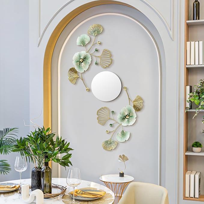 Tandefio 3 Pcs Metal Decorative Wall Mirrors for Living Room Metal Ginkgo Leaf Mirror Modern Creative Wall Decor Art Hanging Decor Mirror for Entrance Bedroom Living Room (Gold Green,16.inches)