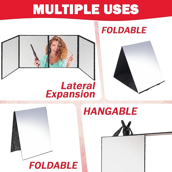 Foldable Full Length Mirror 2-in-1 Wall-Mounted or Tabletop Mirror, Portable Travel Mirror with Handle for Dance Home Bedroom Wardrobe Stage Makeup Checks Camping Outdoor Use (47" x 12.5", Four-Fold)