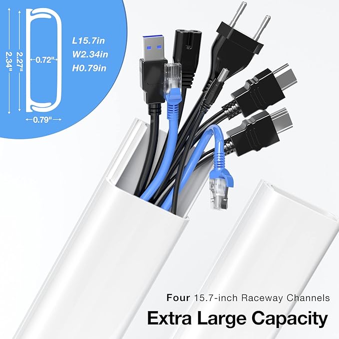 Delamu Cord Hider, 62.8in Cord Covers for 6-8 Wires on Wall, Cable Hider Cable Management, Wire Hiders for TV on Wall, Wire Covers for Cords, Cable Cover Wall, 4X L15.7 W2.36 H0.75in, White
