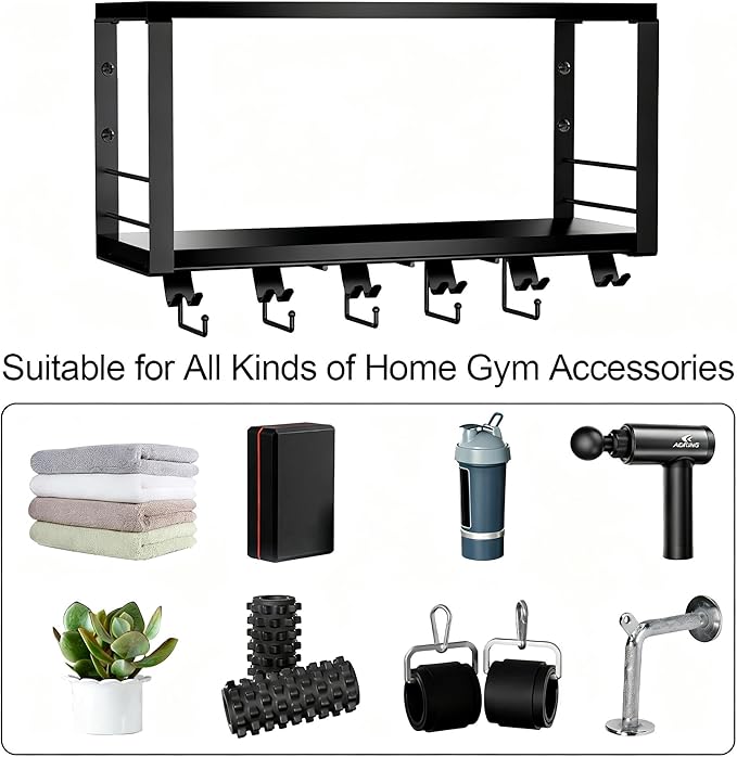 TJ.MOREE 2 Tier Floating Shelf Compatible with Tonal Accessories, T-Bracket Lock Adapters Hanger, Wall Mount Home Gym Storage Rack for Fitness Equipment（Black