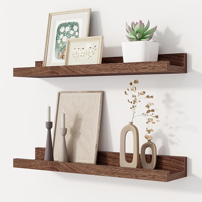 Fun Memories Walnut Floating Picture Ledge Shelves for Wall Decor, Wall Mounted Wood Storage Shelf for Bedroom, Living Room, Bathroom, Kitchen, Nursery, Display Picture Ledge Shelf Set of 2-16 Inches