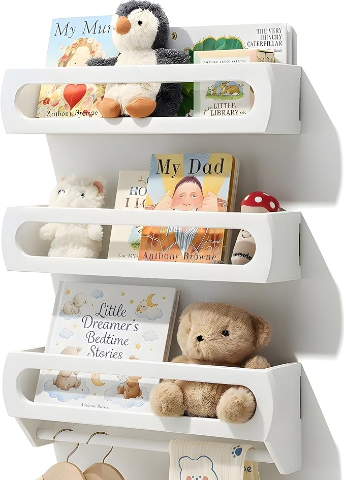 Nursery Shelves for Wall, Premium Bamboo Wood, Fully Assembled - Nursery Book Shelves, Book Shelf for Kids Rooms, Multi-Use Floating Shelves for Wall, Set of 3 (White, 16.5 Inches)