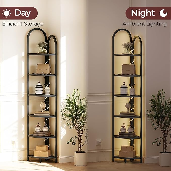 MAHANCRIS 6 Tier Corner Shelf with LED Light, 74.6'' Tall Corner Bookshelf Stand, Narrow Display Bookcase with Storage Rack for Wall Corner, Living Room, Bedroom, Small Spaces, Black CSBK66101