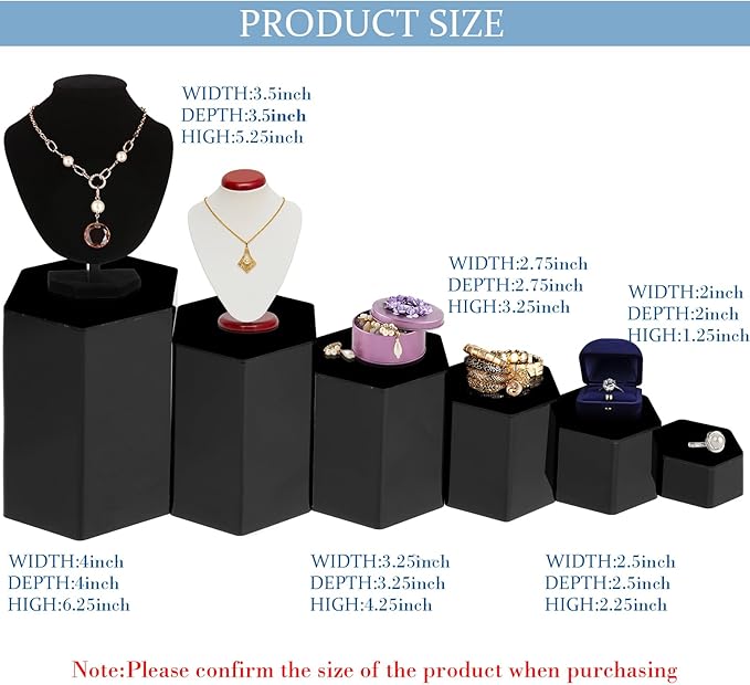 Jetec Hexagonal Jewelry Display Risers Hexagonal Market Display Risers Stands Acrylic Showcase Acrylic Stand for Jewelry Model Figures Decoration, 6 Sizes(Black,24 Pieces)