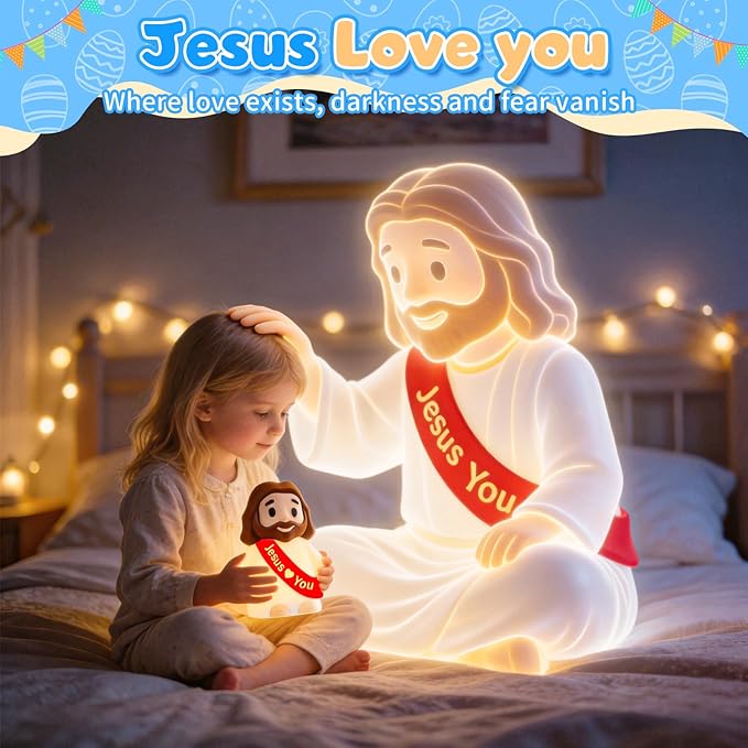 Jesus Night Light, Jesus Love You Night Light for Kids, 3-Speed Adjustable Silicone Touch Control Nightlight, Table Lamp for Bedroom, Desktop, Jesus Decor, Easter Decorations, Baptism Presents