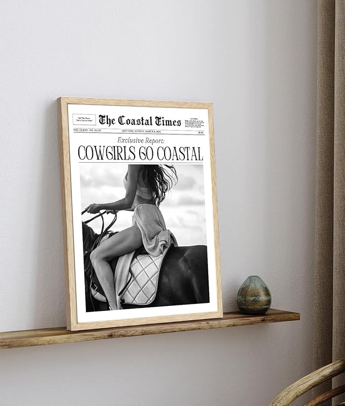 Bwodke OAK Wood Framed Wall Art Cowgirls Go Coastal Canvas Art Vintage Newspaper Pictures Wall Decor Trendy Western Horseback Riding Times Prints for Girly Dorm Bedroom 12"x16"
