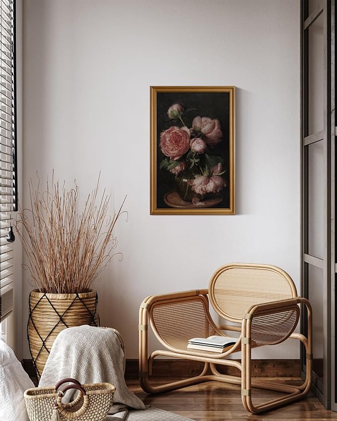 HUARCEY Framed Canvas Wall Art Prints, Bathroom Shelf Vintage Decor Aesthetic, Peony Floral Paintings Farmhouse Wall Decor, Retro Table Desk Decoration for Bedroom Living Room, 16x24Inch