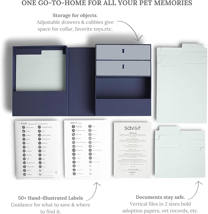Savor | Pet Memorial Box for Dog, Cat, and Other Pets | Personalizable Pet Loss Sympathy Gift and Keepsake Box for Vet Records, Tags, Collars, Toys, and More (Blue, Harper Style)